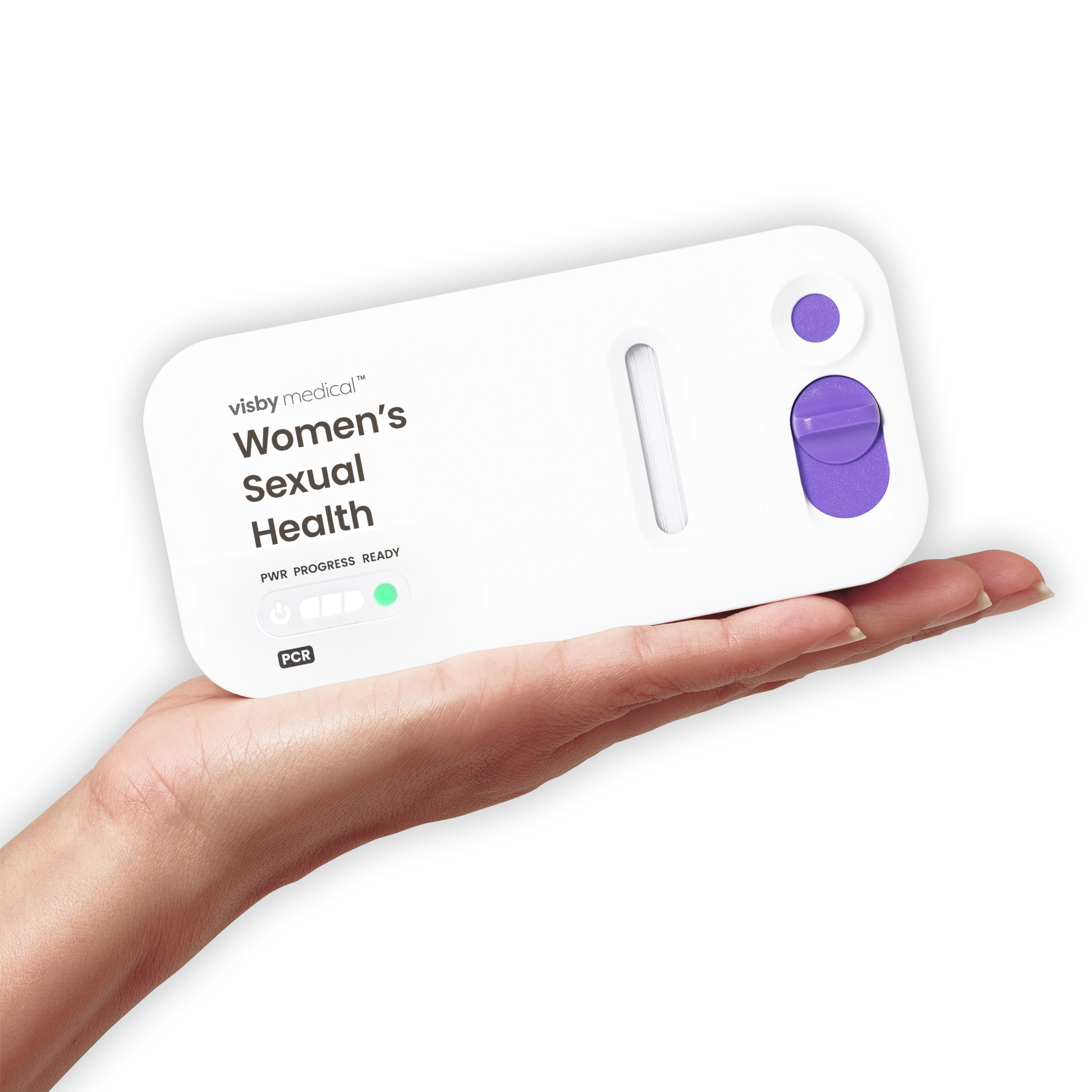 Hand holding a Visby Medical at-home PCR test device