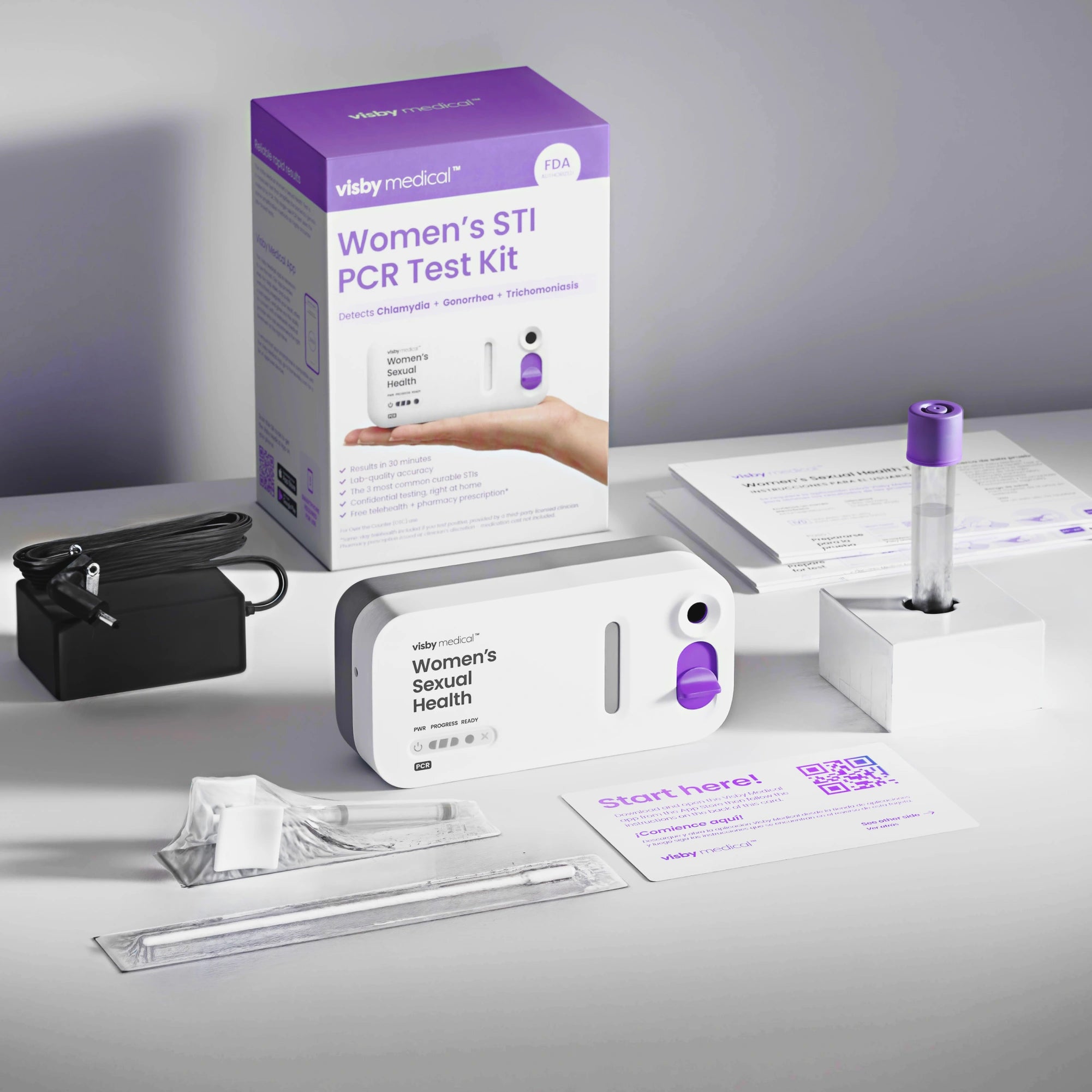 Visby at-home STI test kit with device, packaging, and collection supplies